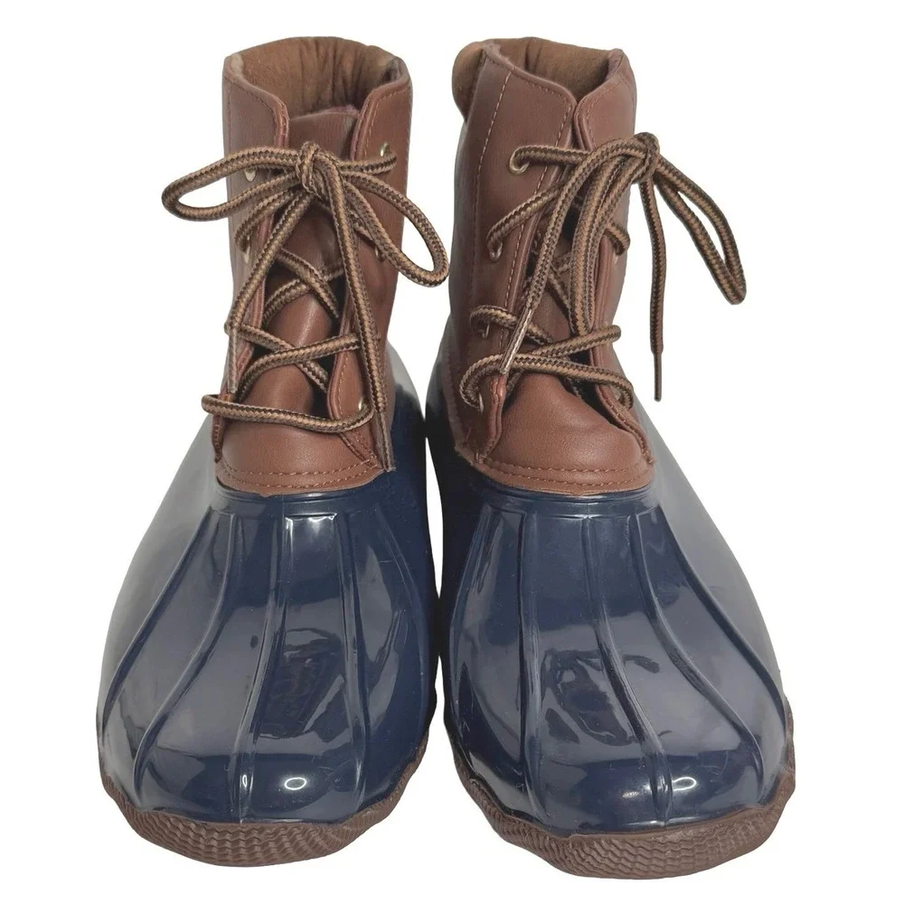 Jessica Carlyle Gavin Rain Snow Duck Boots Navy Blue Brown Womens Size 11